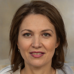 Joyful white adult female with medium  brown hair and brown eyes