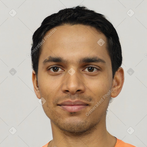 Neutral latino young-adult male with short  black hair and brown eyes