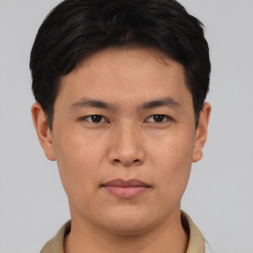 Neutral asian young-adult male with short  brown hair and brown eyes