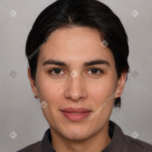 Joyful white young-adult female with medium  brown hair and brown eyes