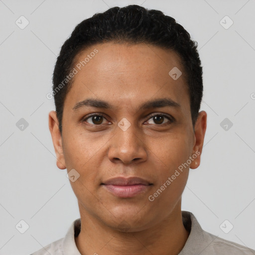 Neutral latino young-adult male with short  black hair and brown eyes