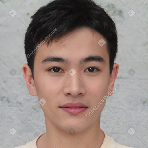 Neutral asian young-adult male with short  black hair and brown eyes