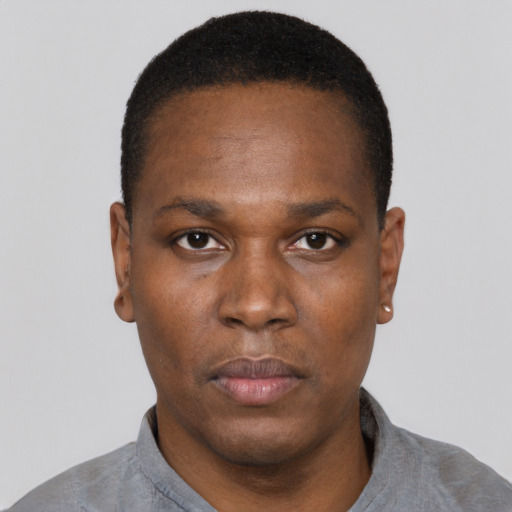 Neutral black adult male with short  black hair and brown eyes