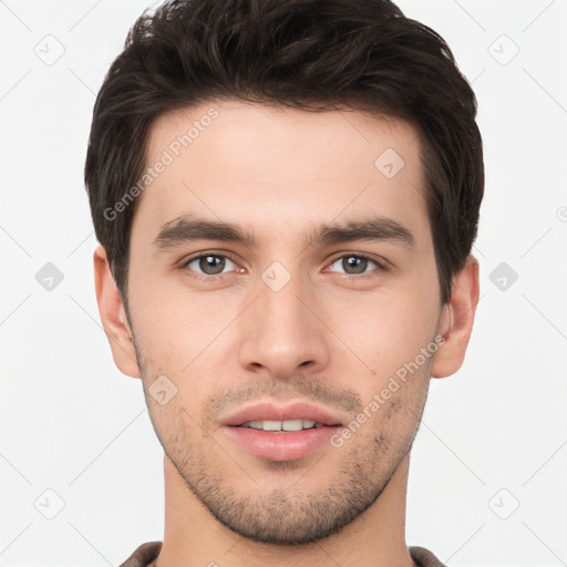 Neutral white young-adult male with short  brown hair and brown eyes