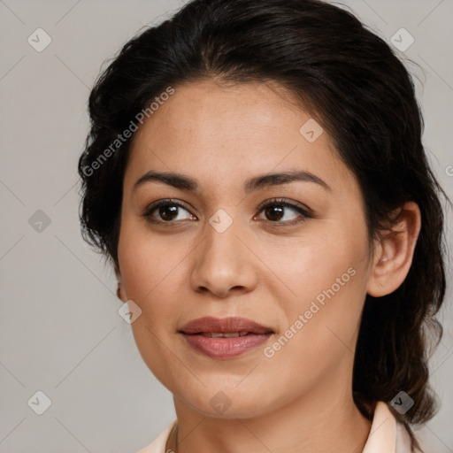 Joyful latino young-adult female with medium  brown hair and brown eyes