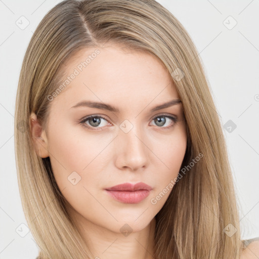 Neutral white young-adult female with long  brown hair and brown eyes