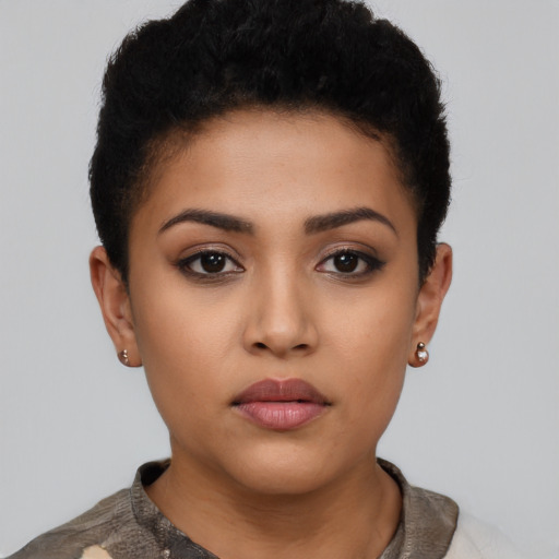 Neutral latino young-adult female with short  black hair and brown eyes
