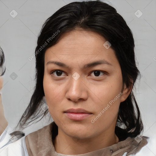 Neutral asian young-adult female with medium  brown hair and brown eyes