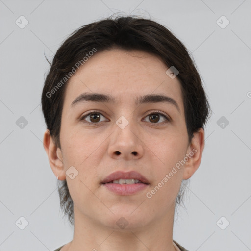 Neutral white young-adult female with short  brown hair and brown eyes