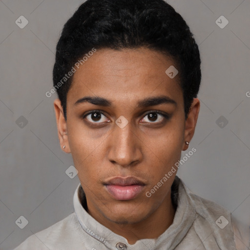 Neutral black young-adult female with short  black hair and brown eyes