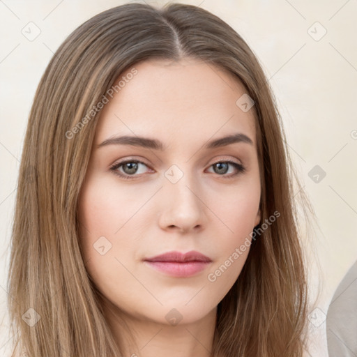 Neutral white young-adult female with long  brown hair and brown eyes