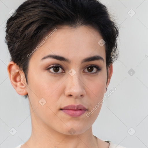 Neutral white young-adult female with medium  brown hair and brown eyes