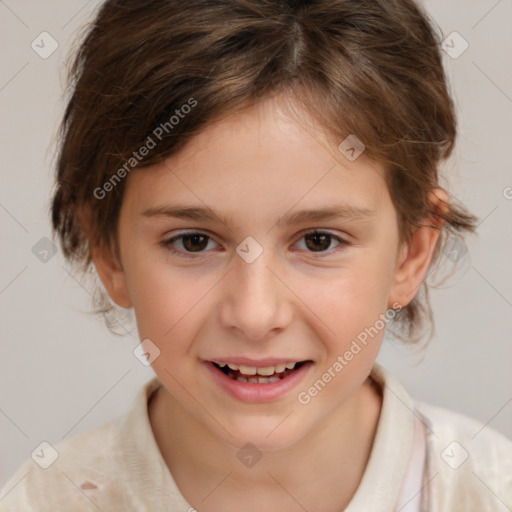 Joyful white child female with medium  brown hair and brown eyes