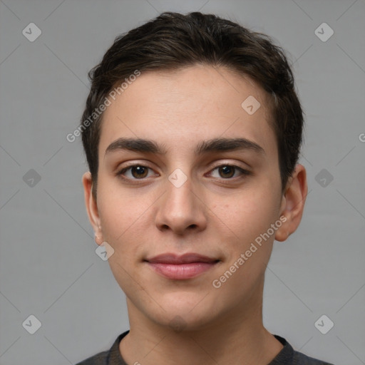 Neutral white young-adult male with short  brown hair and brown eyes