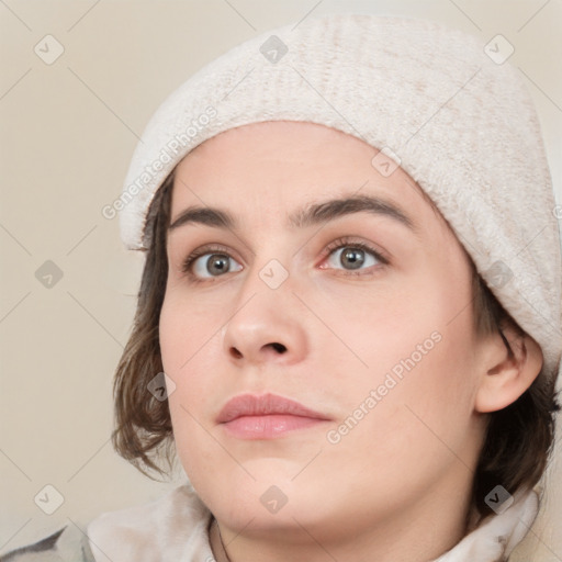 Neutral white young-adult female with medium  brown hair and grey eyes