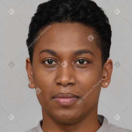 Neutral black young-adult male with short  black hair and brown eyes