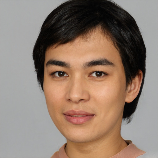 Joyful asian young-adult male with medium  black hair and brown eyes