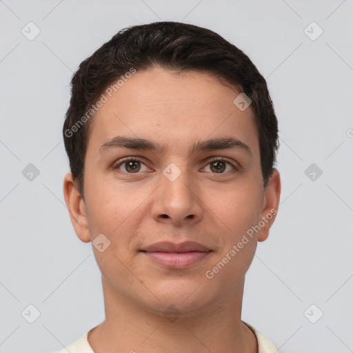 Joyful white young-adult male with short  brown hair and brown eyes