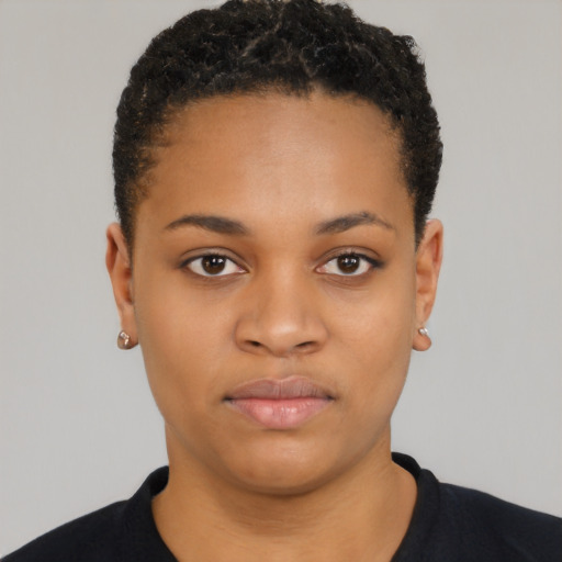 Neutral black young-adult female with short  black hair and brown eyes