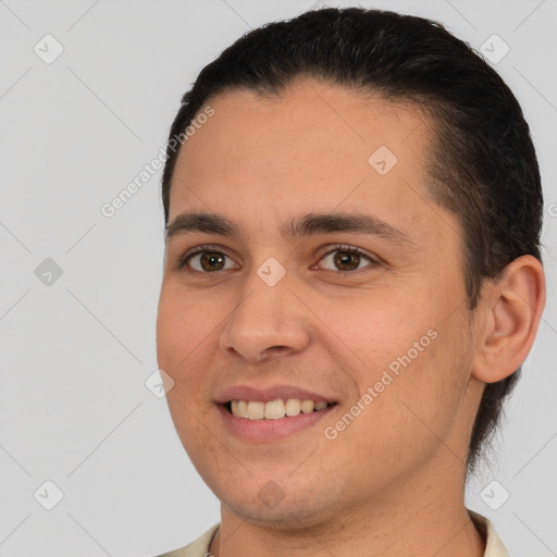 Joyful white young-adult female with short  brown hair and brown eyes