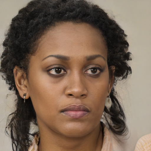 Neutral black young-adult female with medium  brown hair and brown eyes