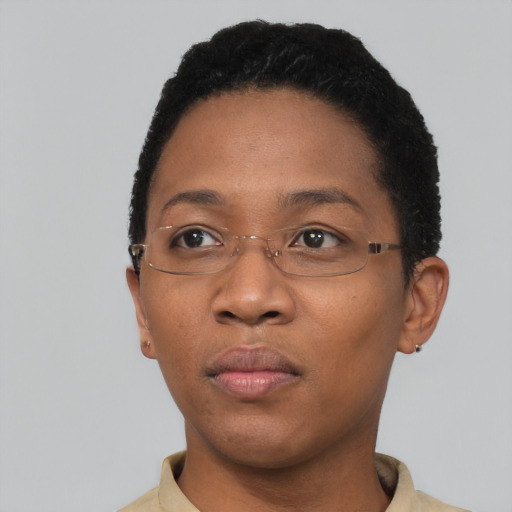 Neutral black adult female with short  black hair and brown eyes