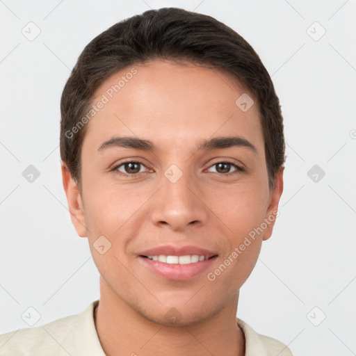 Joyful white young-adult female with short  brown hair and brown eyes