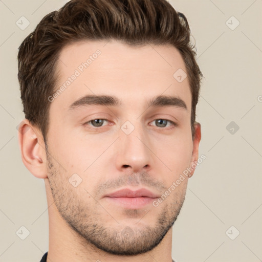 Neutral white young-adult male with short  brown hair and brown eyes