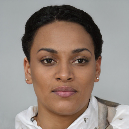 Joyful black young-adult female with short  brown hair and brown eyes