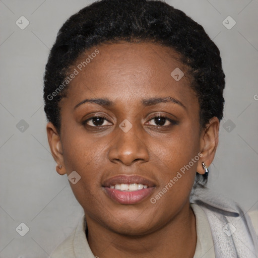Joyful black young-adult female with short  brown hair and brown eyes
