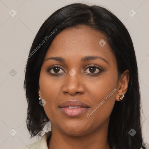 Joyful asian young-adult female with long  black hair and brown eyes