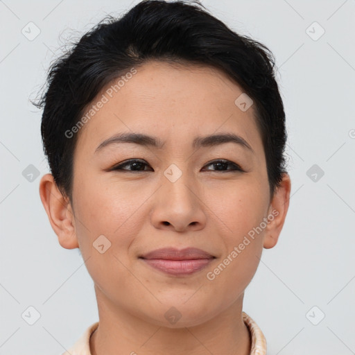 Joyful asian young-adult female with short  brown hair and brown eyes