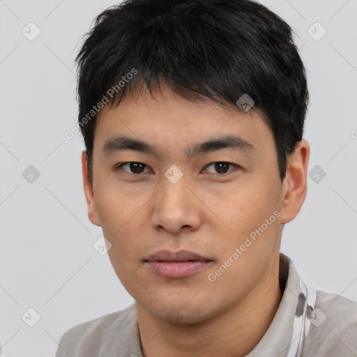 Neutral asian young-adult male with short  black hair and brown eyes