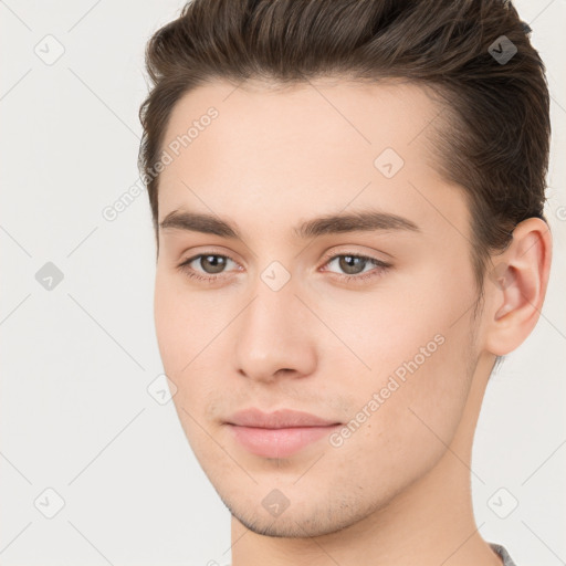 Neutral white young-adult male with short  brown hair and brown eyes