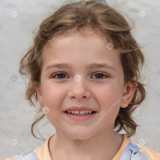 Joyful white child female with medium  brown hair and brown eyes