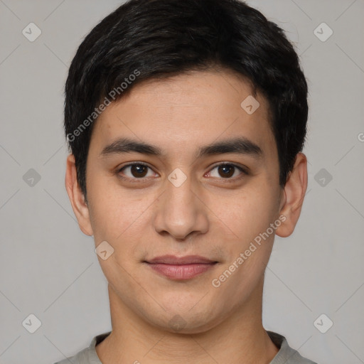 Joyful white young-adult male with short  black hair and brown eyes