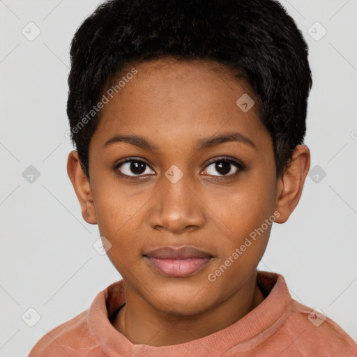 Joyful black young-adult female with short  black hair and brown eyes