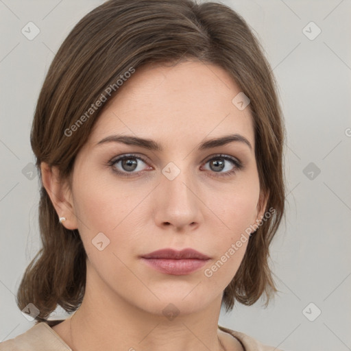 Neutral white young-adult female with medium  brown hair and grey eyes