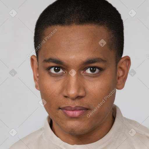 Neutral latino young-adult male with short  brown hair and brown eyes