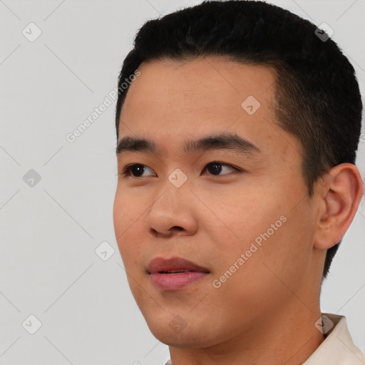 Neutral asian young-adult male with short  black hair and brown eyes