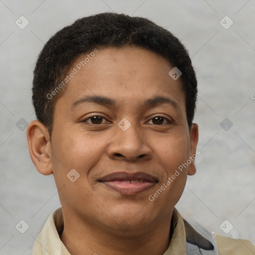 Joyful latino young-adult female with short  brown hair and brown eyes