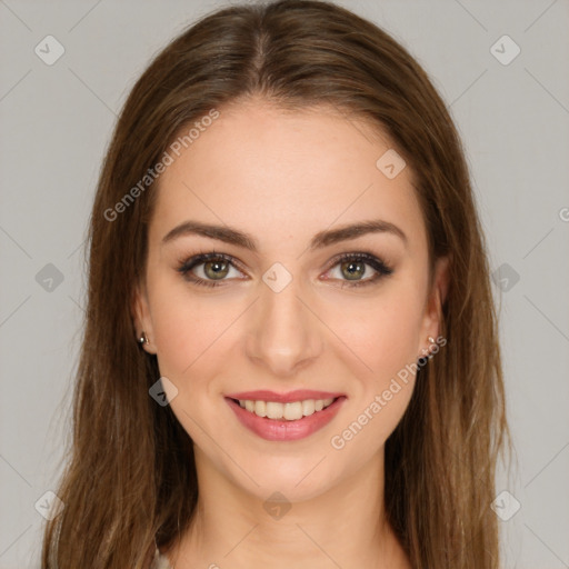 Joyful white young-adult female with long  brown hair and green eyes