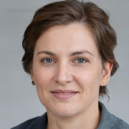 Joyful white adult female with medium  brown hair and grey eyes