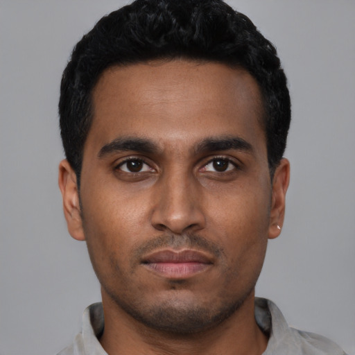 Neutral black young-adult male with short  black hair and brown eyes