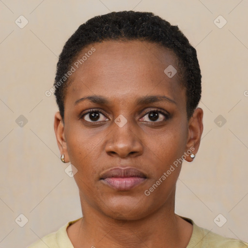 Neutral black young-adult female with short  black hair and brown eyes