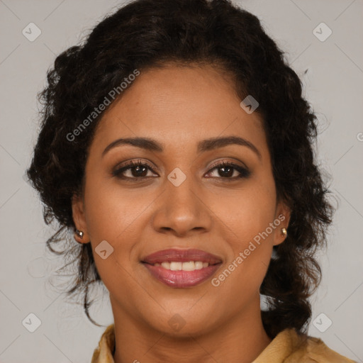 Joyful latino young-adult female with long  brown hair and brown eyes