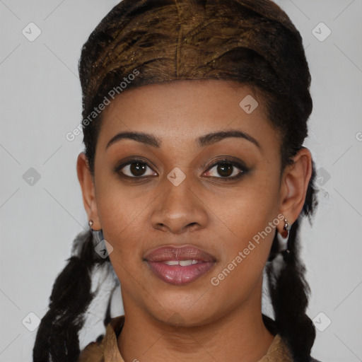 Joyful black young-adult female with short  black hair and brown eyes