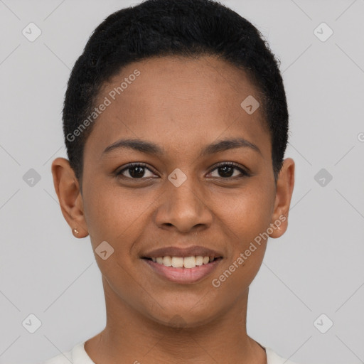 Joyful black young-adult female with short  brown hair and brown eyes