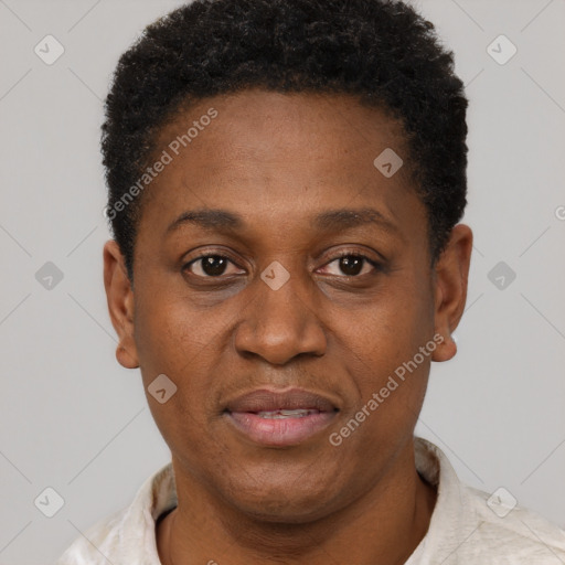 Neutral black young-adult female with short  black hair and brown eyes