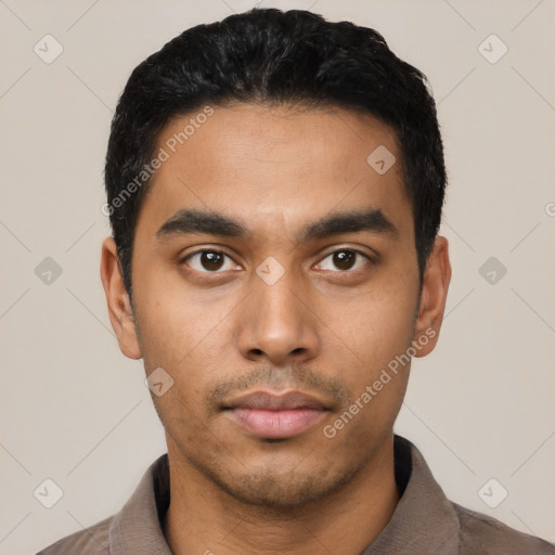 Neutral latino young-adult male with short  black hair and brown eyes